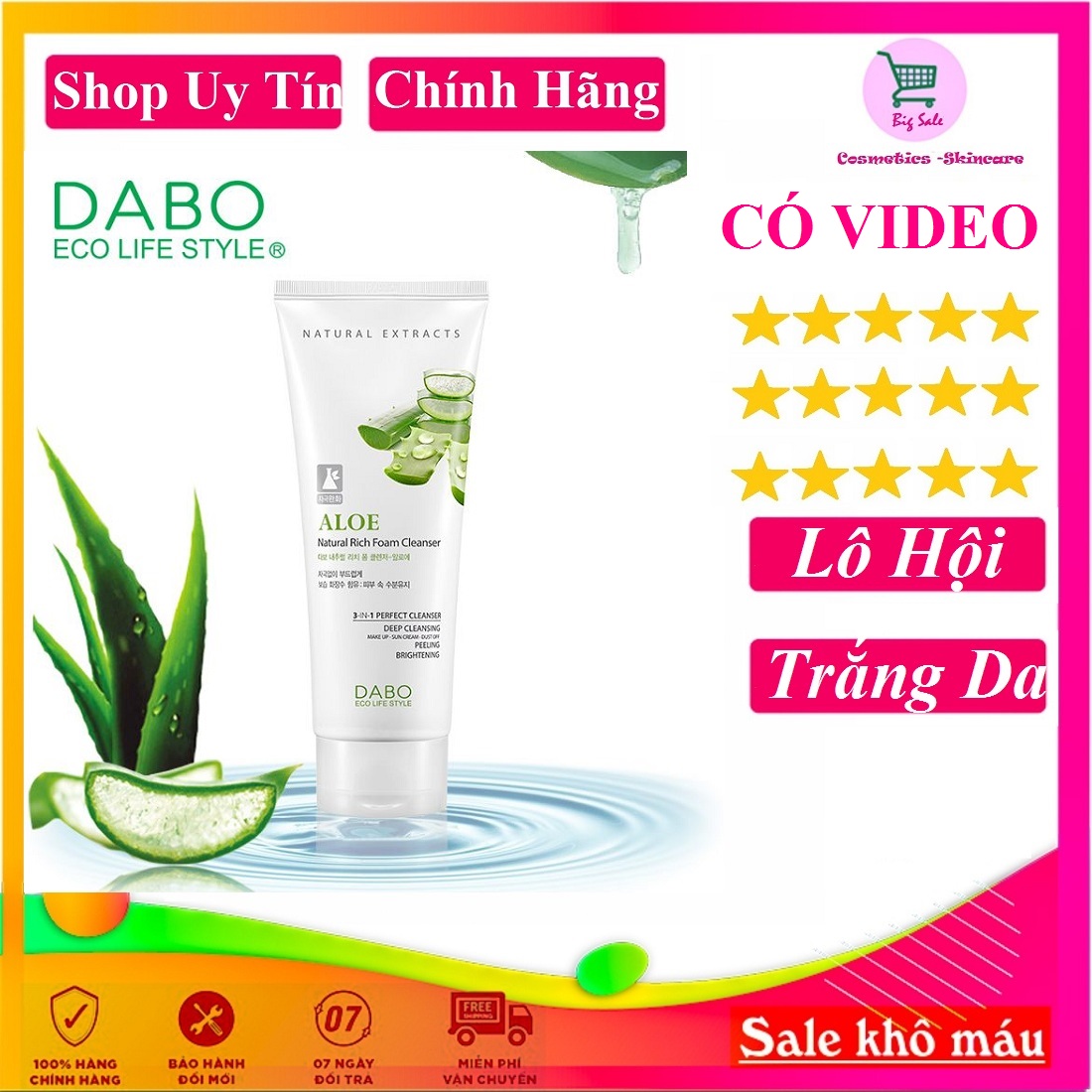 Sữa rửa mặt trắng da lô hội ALOE DABO hàn quốc 180ml