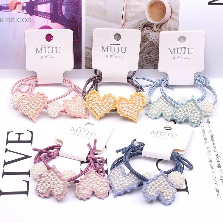 [HCM]Set 2 Dây Cột Tóc Trái Tim Đính Hạt Nhiều Màu - Màu Ngẫu Nhiên - kireicos
