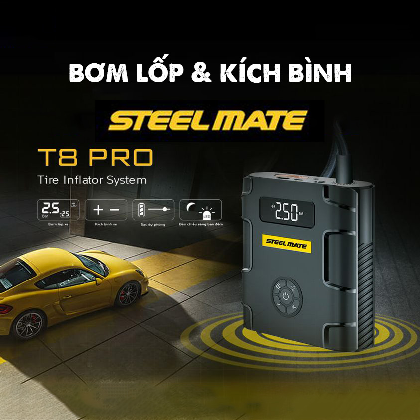 Bộ kích nổ ô tô kiêm bơm lốp đa năng steelmate t8 pro cao cấp kiêm sạc dự phòng