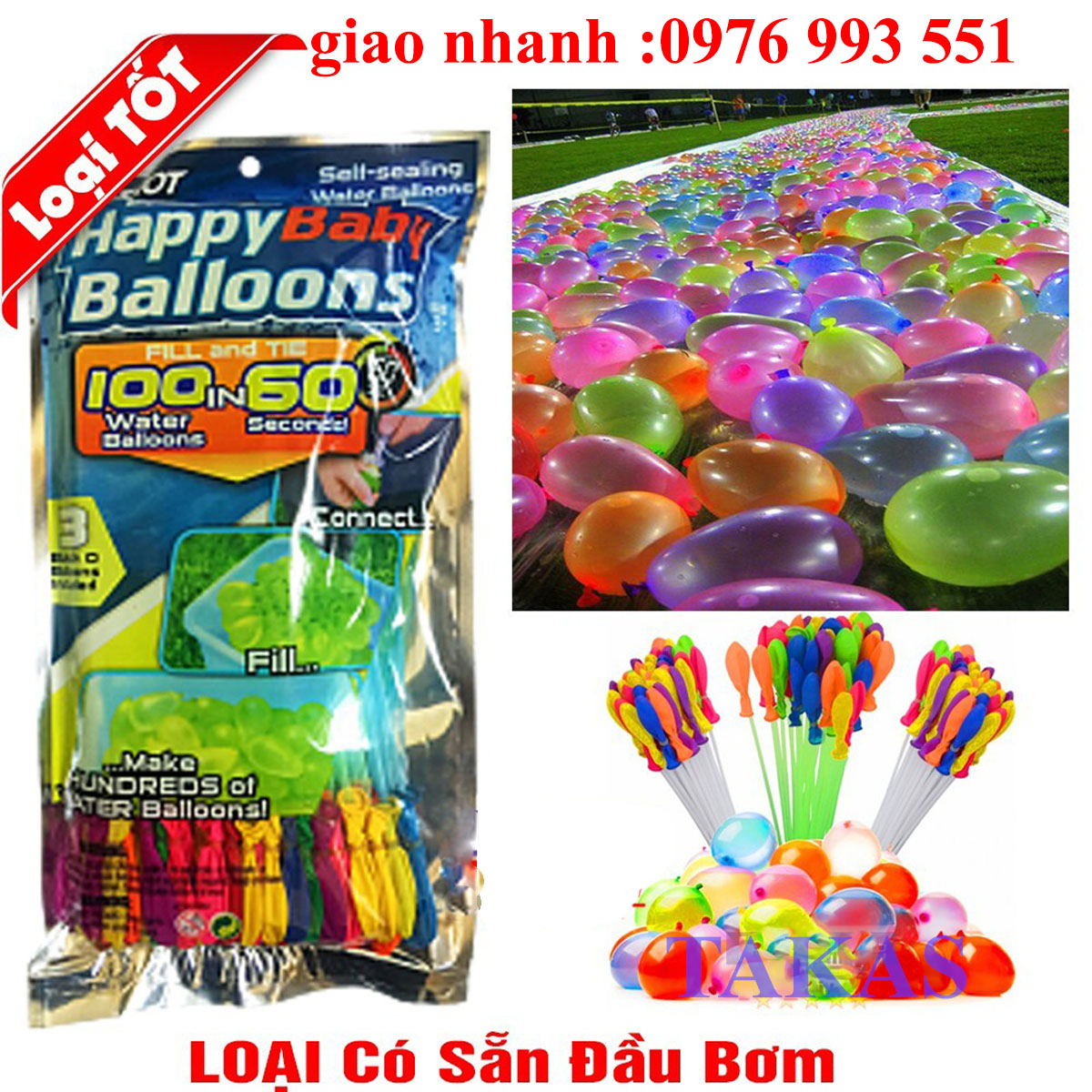 Bóng bay nước 111 quả, Bóng nước chùm, Bong bóng nước, Bóng nước được lắp sẵn vào 3 chùm và 1 đầu nối vòi nước