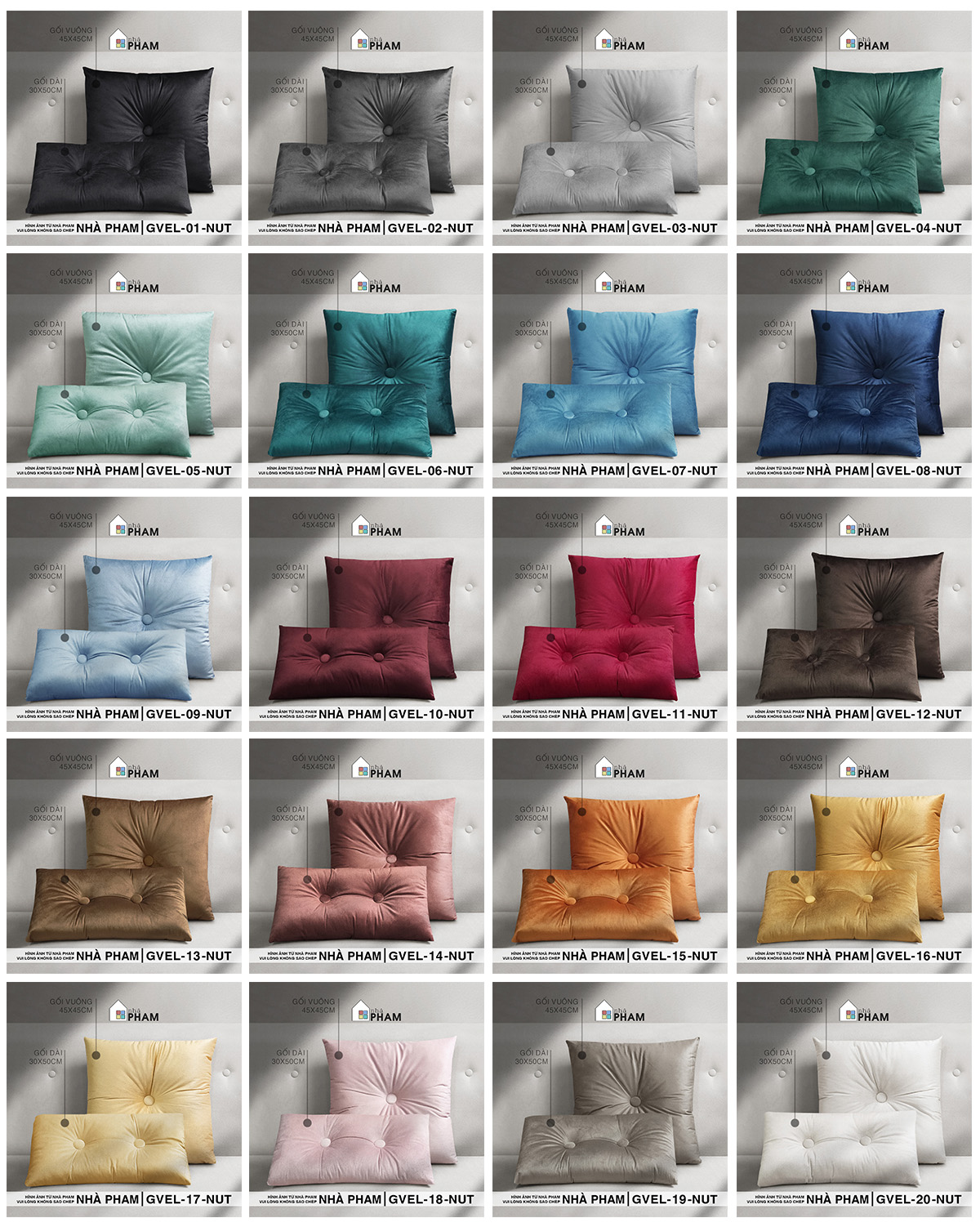 Gối Sofa Trang Trí VELVET PHAM, Vải Nhung, (45x45cm) và (30x50cm)
