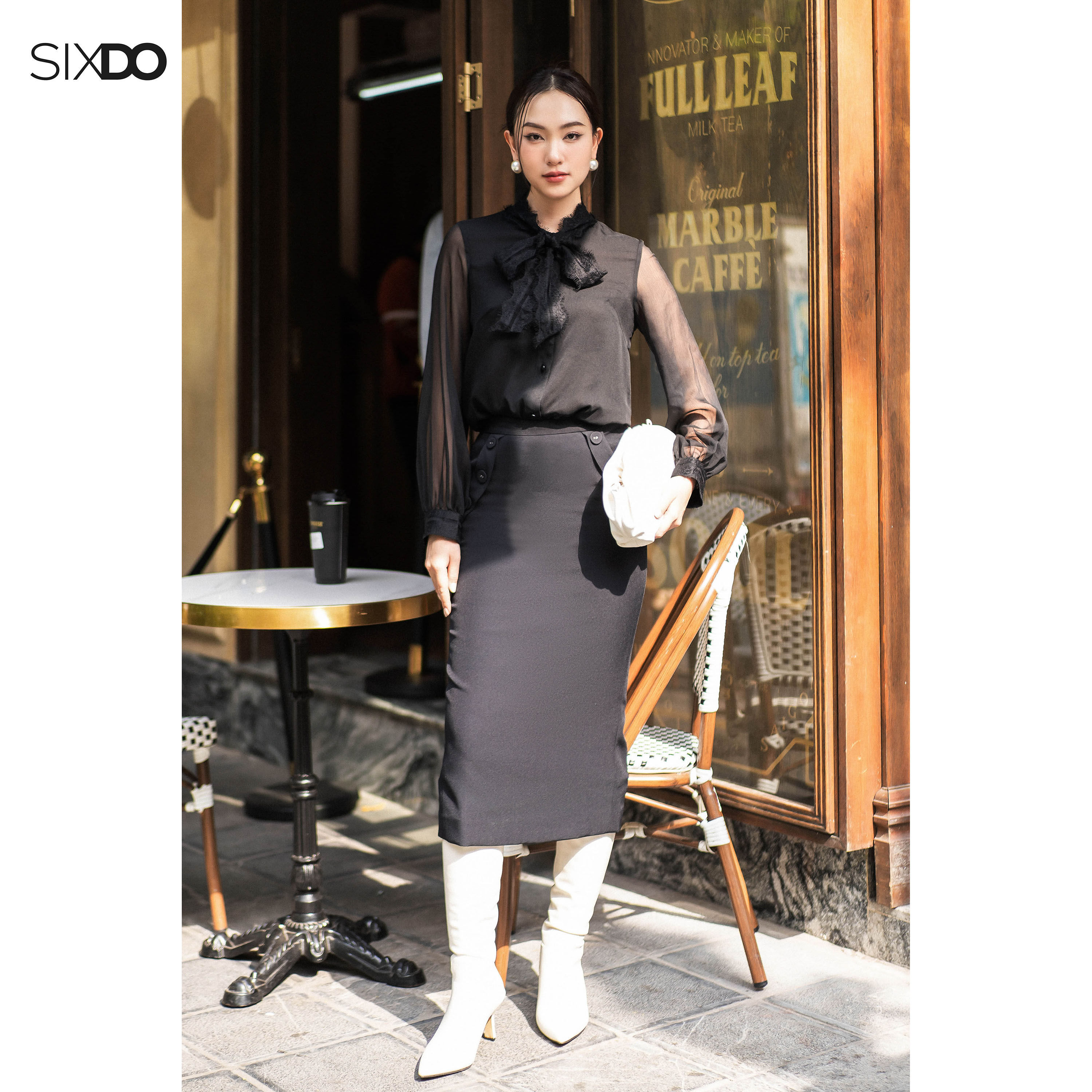 Chân váy tuýp xi đen phối cúc SIXDO
