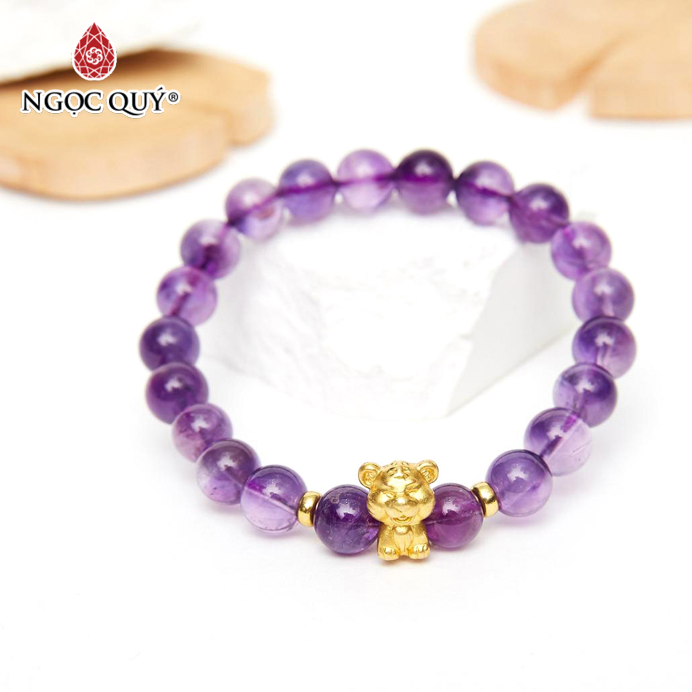 Vòng tay đá thạch anh tím phối charm con giáp bạc mạ vàng 24k size hạt 8mm - ngọc quý gemstones