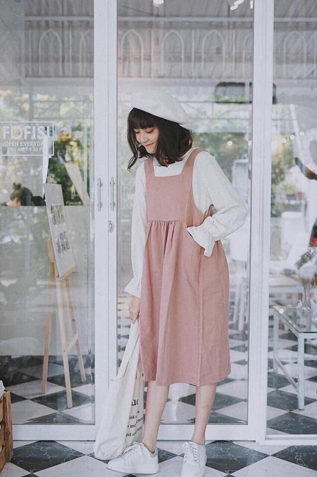 Set Đầm Yếm Hồng kèm áo tay bo