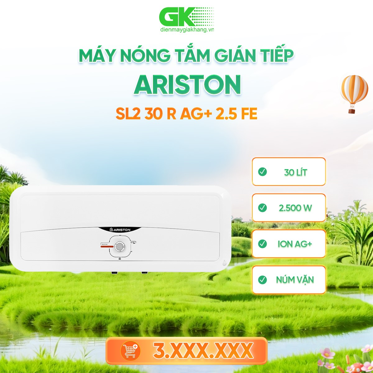 Máy tắm nóng gián tiếp ariston 30 lít sl2 30r ag+ ion bạc diệt khuẩn chống giật - sl2 30 r ag+ 2.5 fe 2500w - giao toàn quốc - freeship hcm