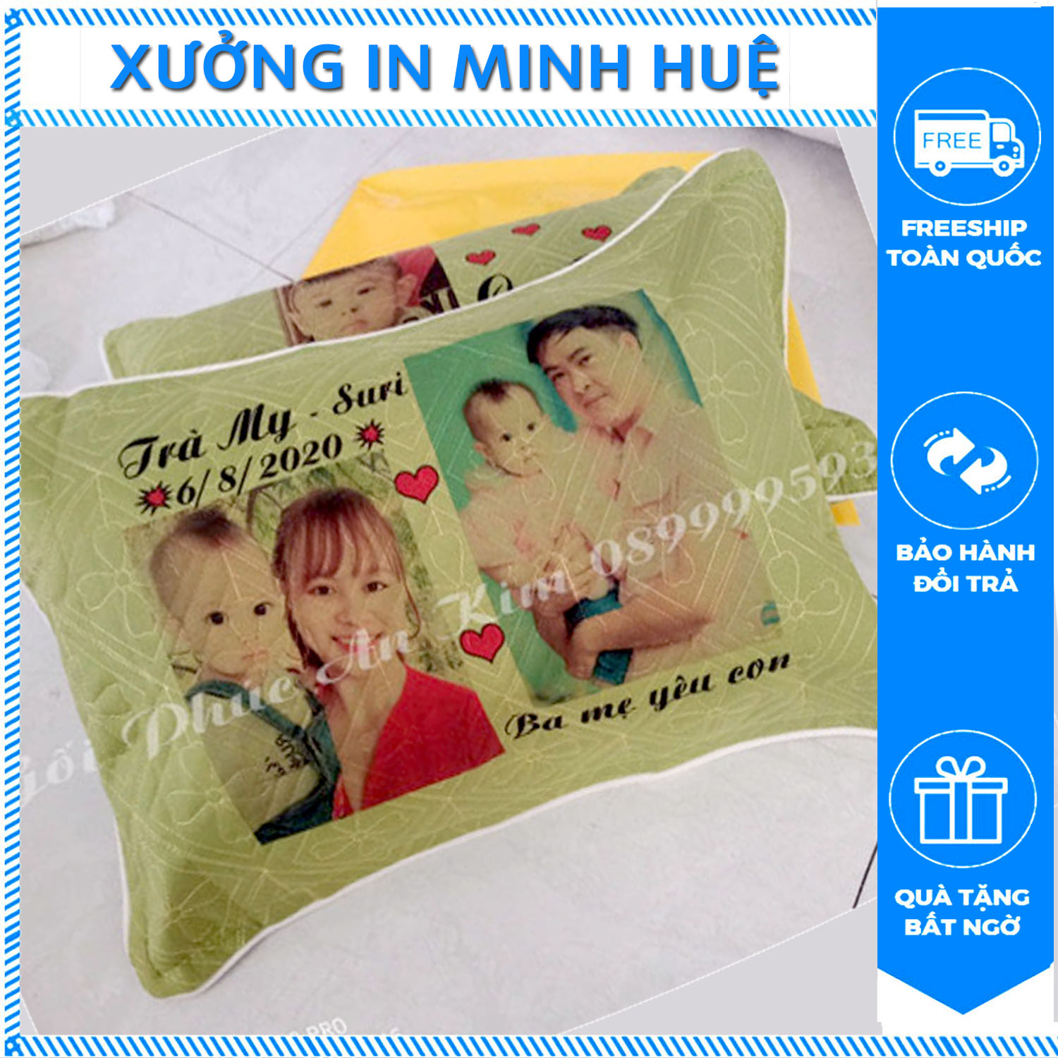 Gối in hình và tên bé (ib hình+tên) in cho bé đi học đen trường