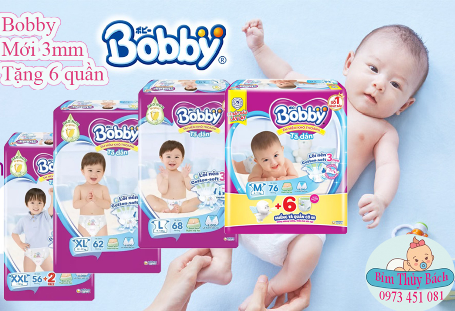 ( Cộng 6 miếng ) Bỉm Bobby dán size M76,L68,Xl62, Xxl56 mới .