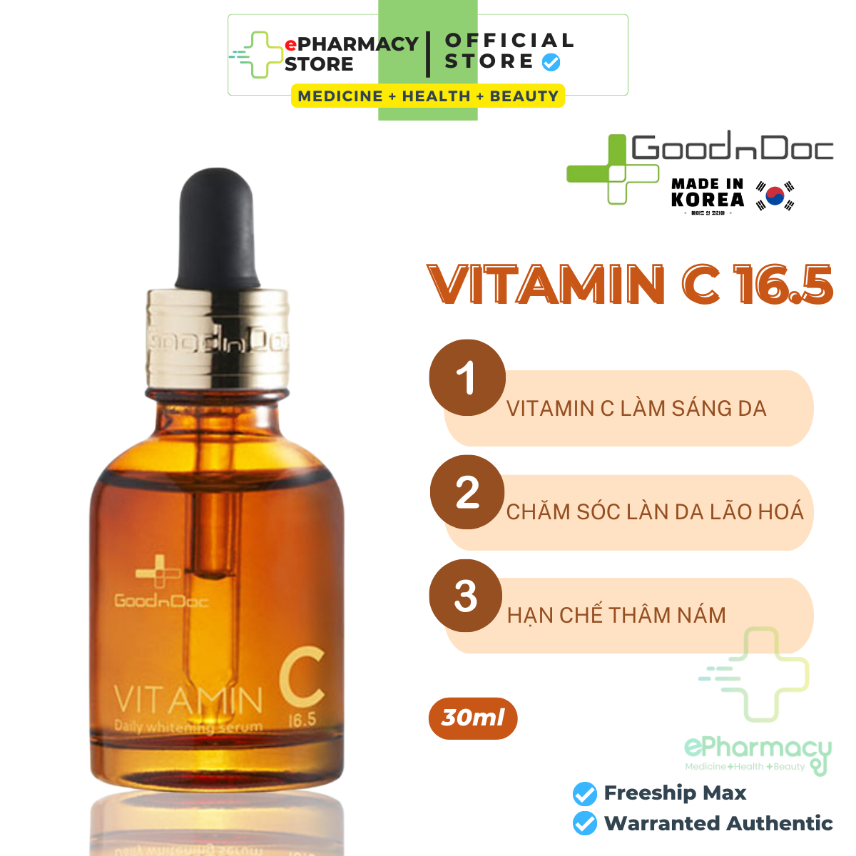 GOODNDOC Serum Vitamin C 16.5 Daily Whitening Tinh chất giảm thâm nám, dưỡng sáng da, chống oxi hóa 30ml