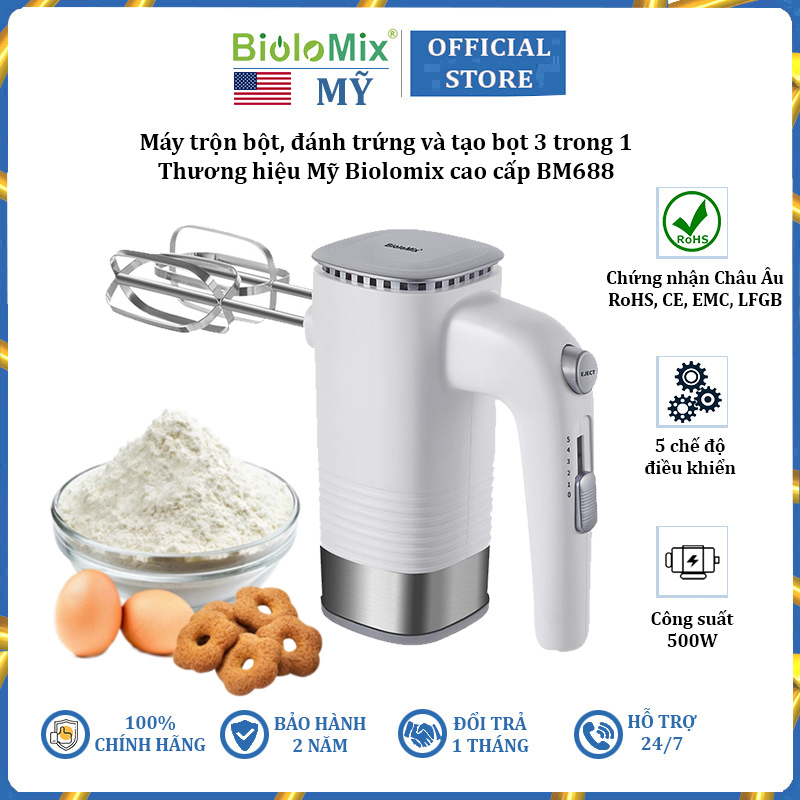 Máy trộn bột, đánh trứng, tạo bọt 3 trong 1 thương hiệu cao cấp biolomix bm688 - hàng nhập khẩu