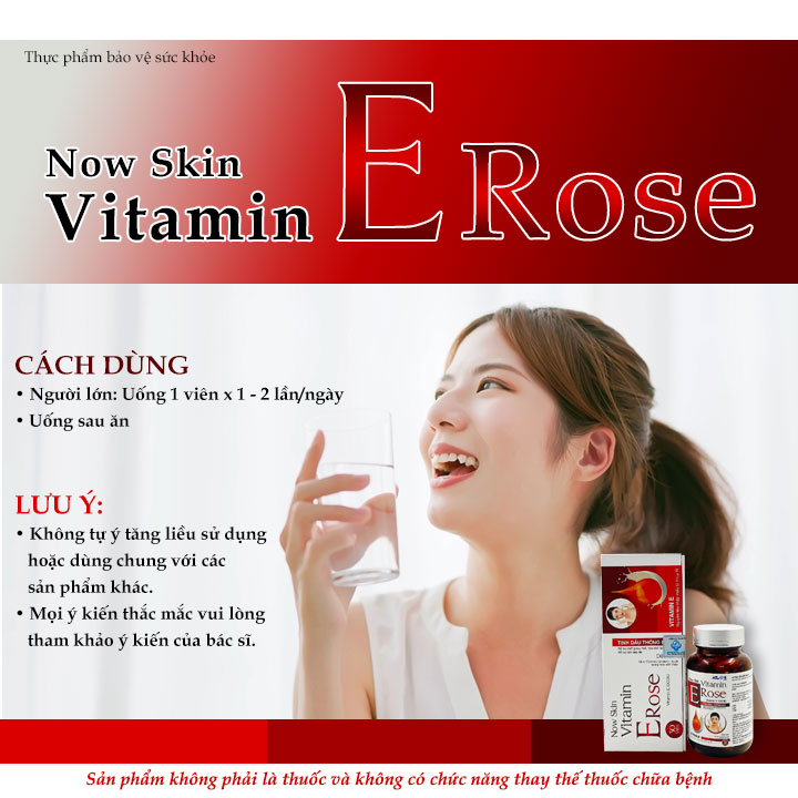 Viên uống trẻ hóa làm đẹp da Now Skin Vitamin E Rose 1000IU hỗ trợ ngăn ngừa lão hóa giảm sạm nám tàn nhang nếp nhăn vết chân chim. Hộp 30 viên