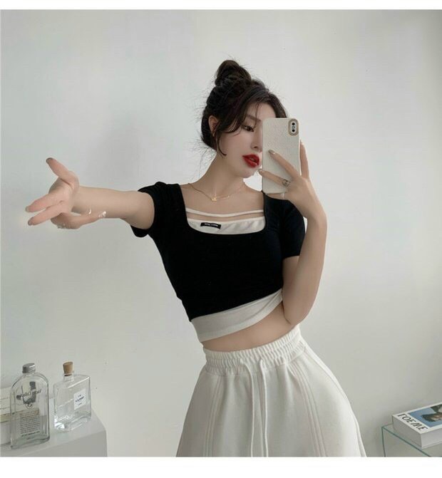 Áo Croptop Tay Ngắn Thun Gân Phối Kiểu Cổ Bụng 2 Màu Phong Cách TTSA1289