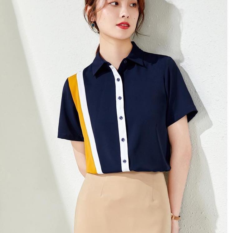 [HCM]Áo sơ mi nữ ngắn tay Phối sọc vàng trắng