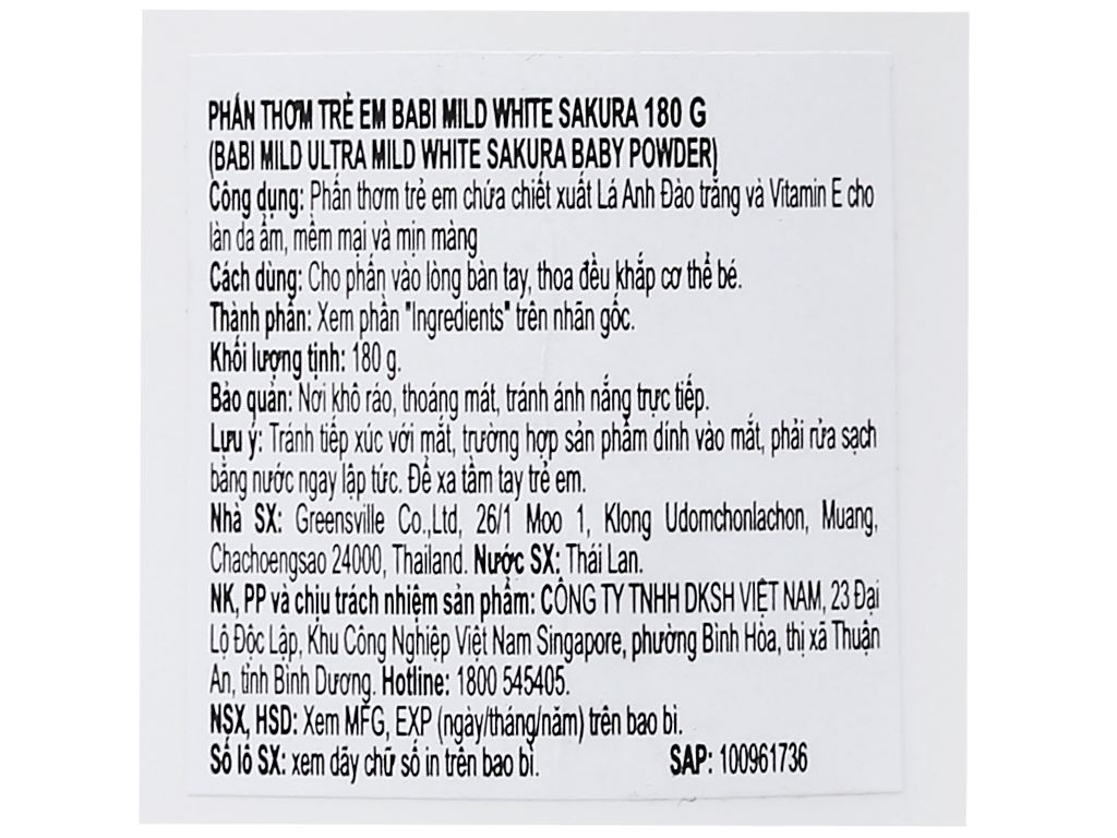 Phấn thơm trẻ em Babi Mild White Sakura 80g