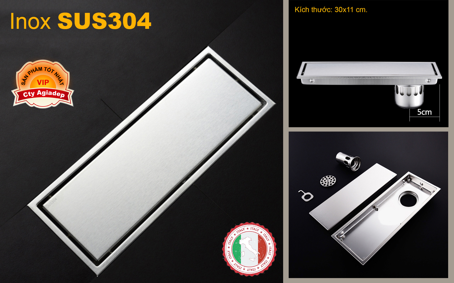 Phễu thoát sàn chống mùi hôi Loại dài (30x11cm) - Hàng cao cấp ITALIA SUS304 Phễu lệch dễ lắp góc