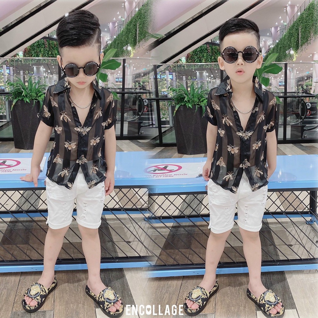 Áo sơ mi lụa tơ tằm cộc tay cho bé trai mặc hè mát mẻ