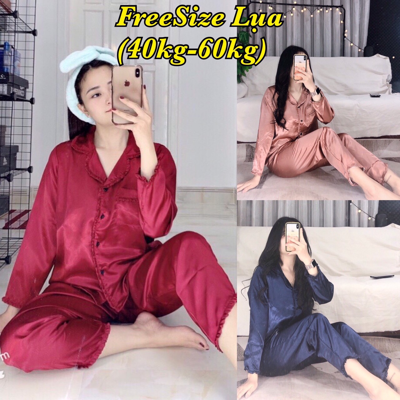 Đồ Bộ Lụa Bèo Tay Dài Quần Dài Freesize 40kg đến 60kg