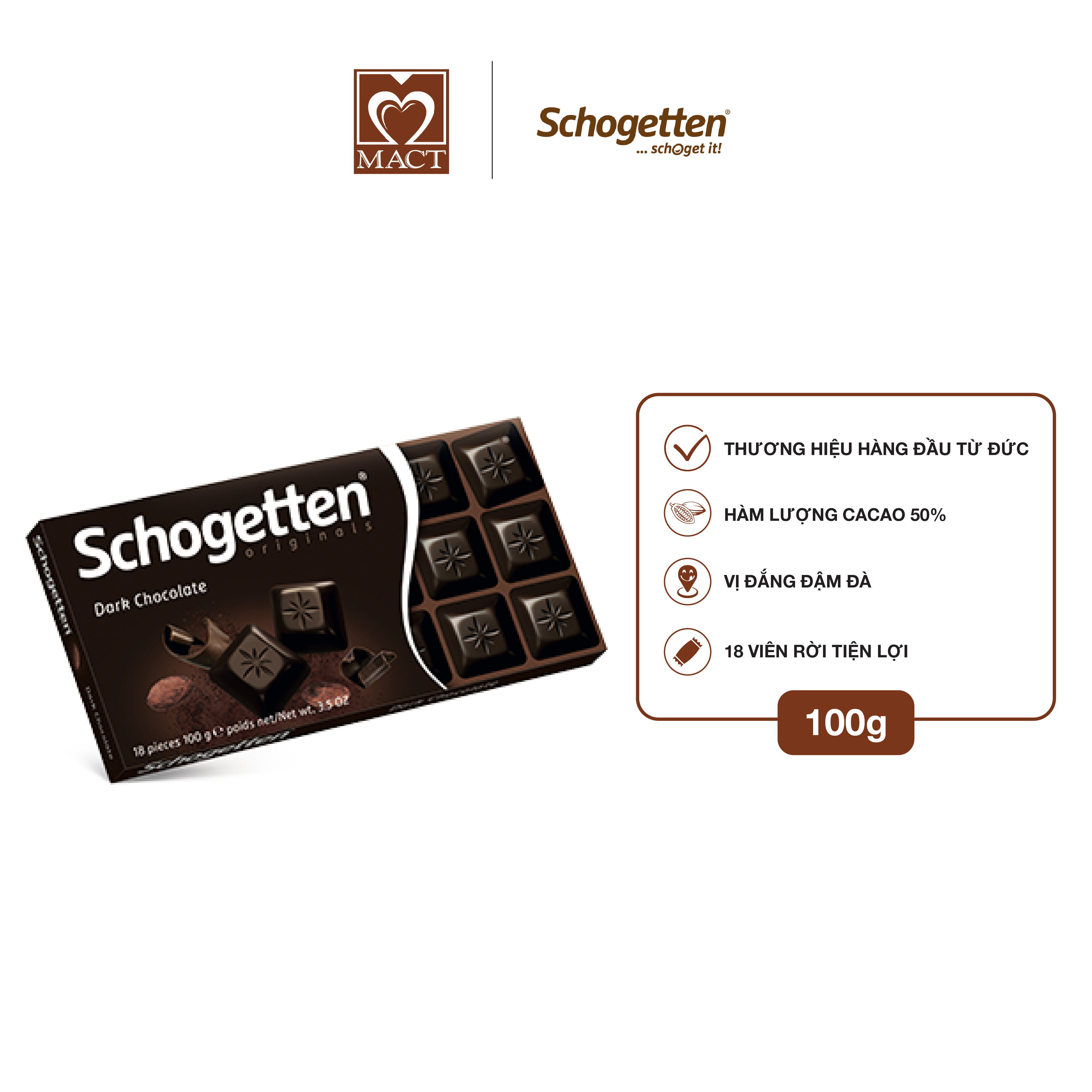 Sôcôla SCHOGETTEN - Vị Đắng Dark Chocolate - thanh 100g gồm 18 viên rời