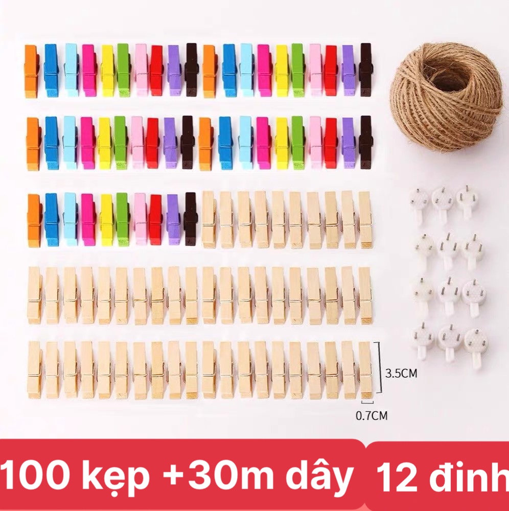 Combo 100 cái kẹp gỗ tặng kèm 12 đinh 3 chân 1 cuộn dây thừng 30m 1.5mm