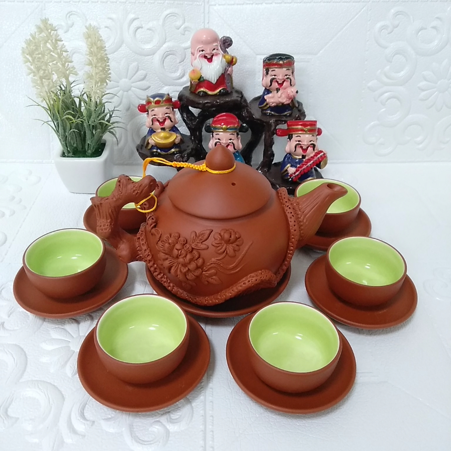 Bộ ấm chén đất nung Bát Tràng hoa phù dung 400ml màu đỏ