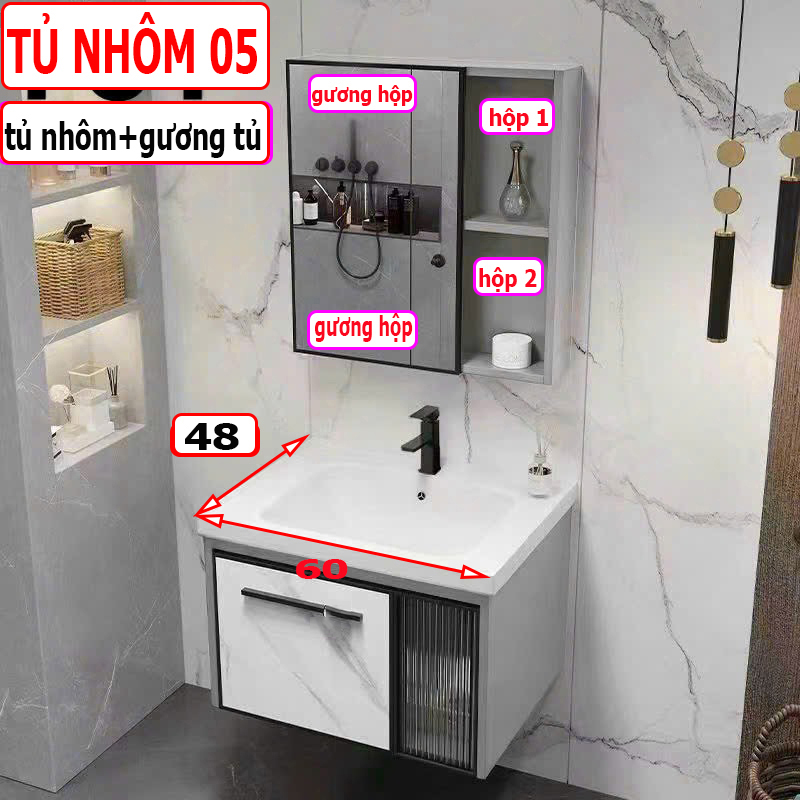 Combo tủ nhôm tủ lavabo chậu rửa mặt bằng nhôm và tủ gương cao cấp độ bền cao và lavabo rửa mặt âm TỦ NHÔM 05 60cm