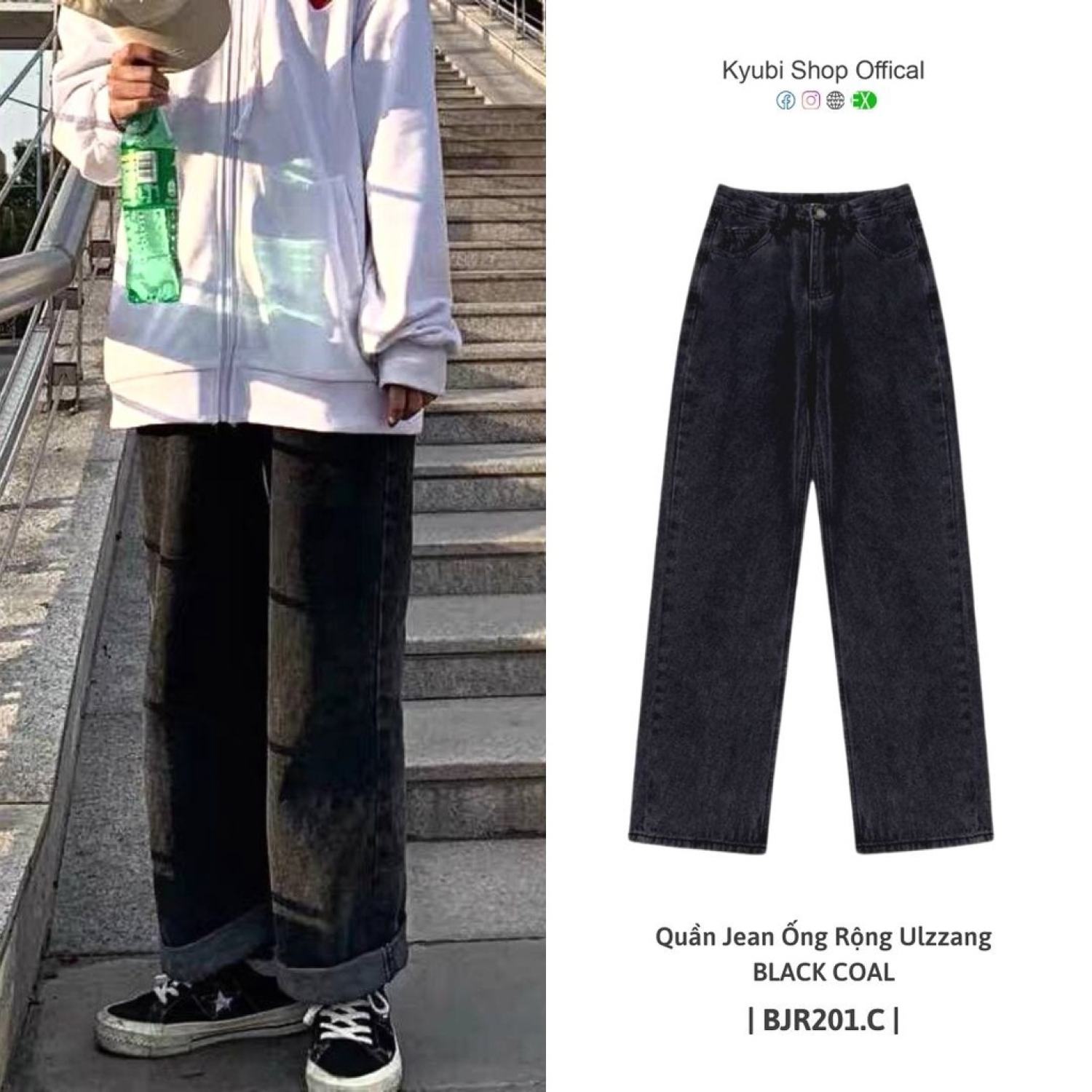 Quần bò nữ - quần jeans ống rộng lưng cao màu Xám Đen COAL - Quần jean suông baggy Kyubi Shop Vonesa