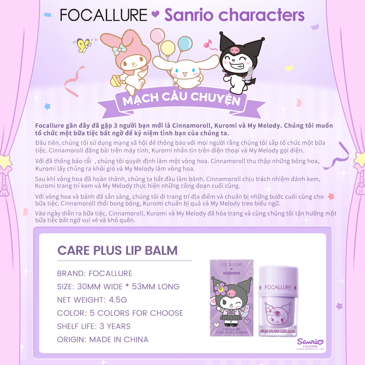 [FOCALLURE x Sanrio] Son Thạch Dưỡng Môi Căng Bóng 4.5g