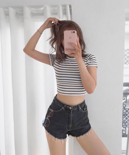 ÁO CROPTOP TAY NGẮN KẺ SỌC ÔM BODY SIÊU TÔN EO - Áo croptop tay ngắn cổ tròn họa tiết kẻ sọc cho phái nữ