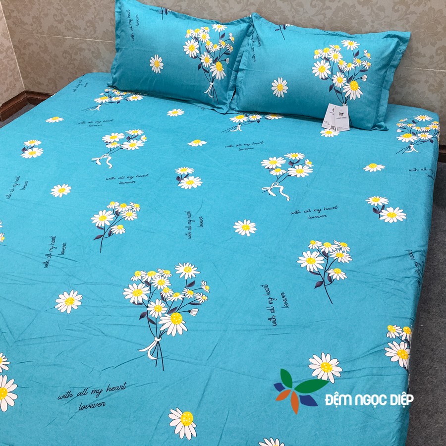 Set ga gối 3 món (1 drap giường + 2 vỏ gối nằm) poly cotton mẫu Hoa Cúc Xanh