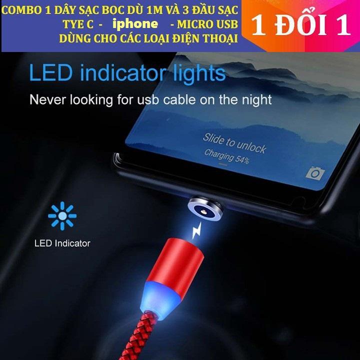 [BẢO HÀNH 1 ĐỔI 1]  - Cáp sạc nam châm 3 đầu Lightning, Micro USB, Type-C xoay tròn 360 độ kiểu đầu thẳng dành cho điện thoại IOS và Androi, máy tính bảng, cáp sạc iphone, cáp sạc type c, cáp sạc Samsung, cáp sạc nhanh