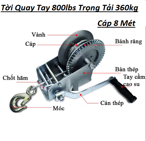 Tời Quay Tay Loại 1 Thép Cao Cấp Trọng Tải 360Kg Cáp Dài 8 Mét