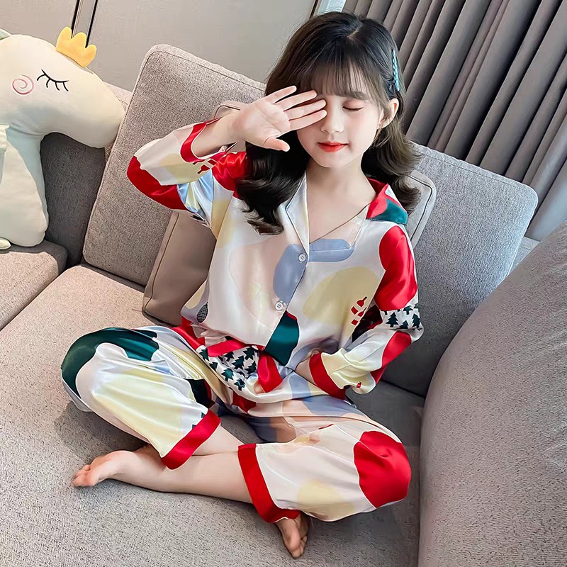 Bộ Đồ Ngủ Pijama Bé Gái Set Quần Áo Trẻ Em Mặc Nhà Lụa Satin Nhiều Màu Dài Tay 10-35kg - BPN05 - Babi mama