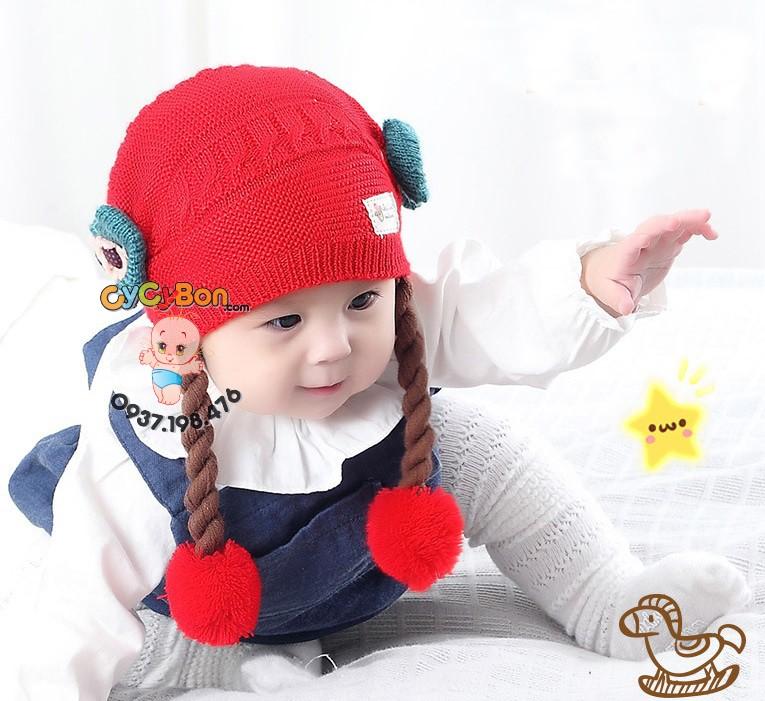 Nón Len Cho Bé Gái Dây Quấn Hai Quả Bông