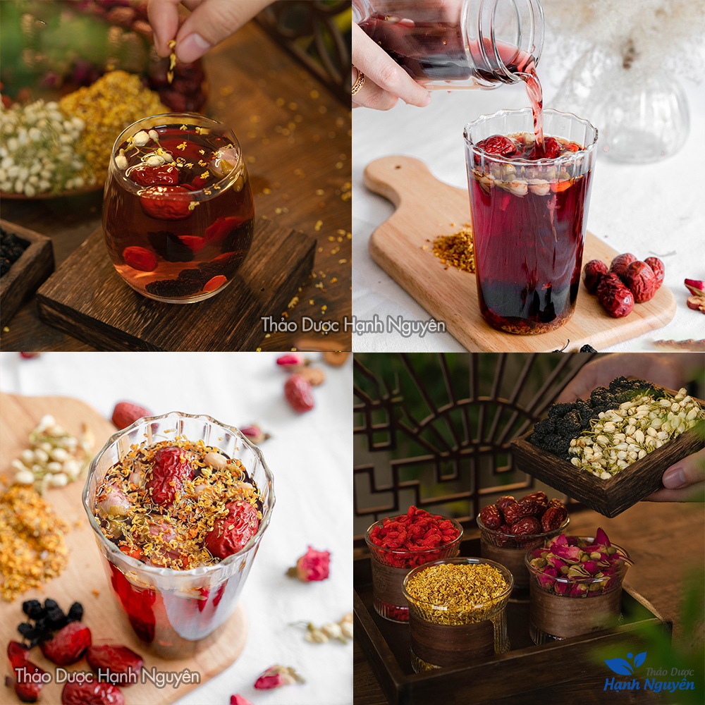 Trà dâu lục vị mix set (Dâu tằm, táo đỏ, hoa hồng tây tạng, kỳ tử, hoa nhài) - Thảo Dược Hạnh Nguyên