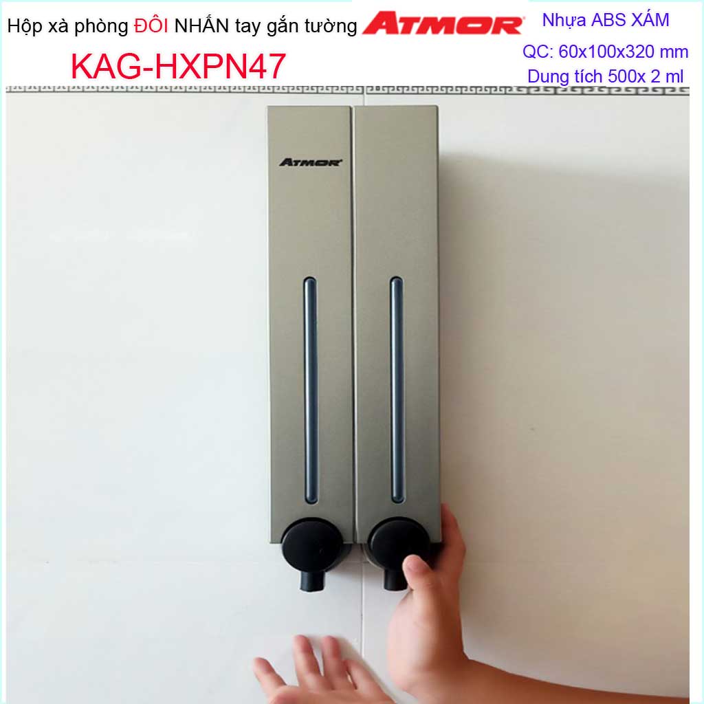 Hộp nhấn xà phòng Atmor KAG-HXPN47-grey xám, Hộp đựng xà bông 500ml x2 thiết kế sang trọng nhấn êm siêu bền