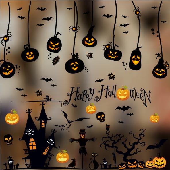 Combo decal dán tường - rèm dây kết hợp thành phố ma qủy halloween