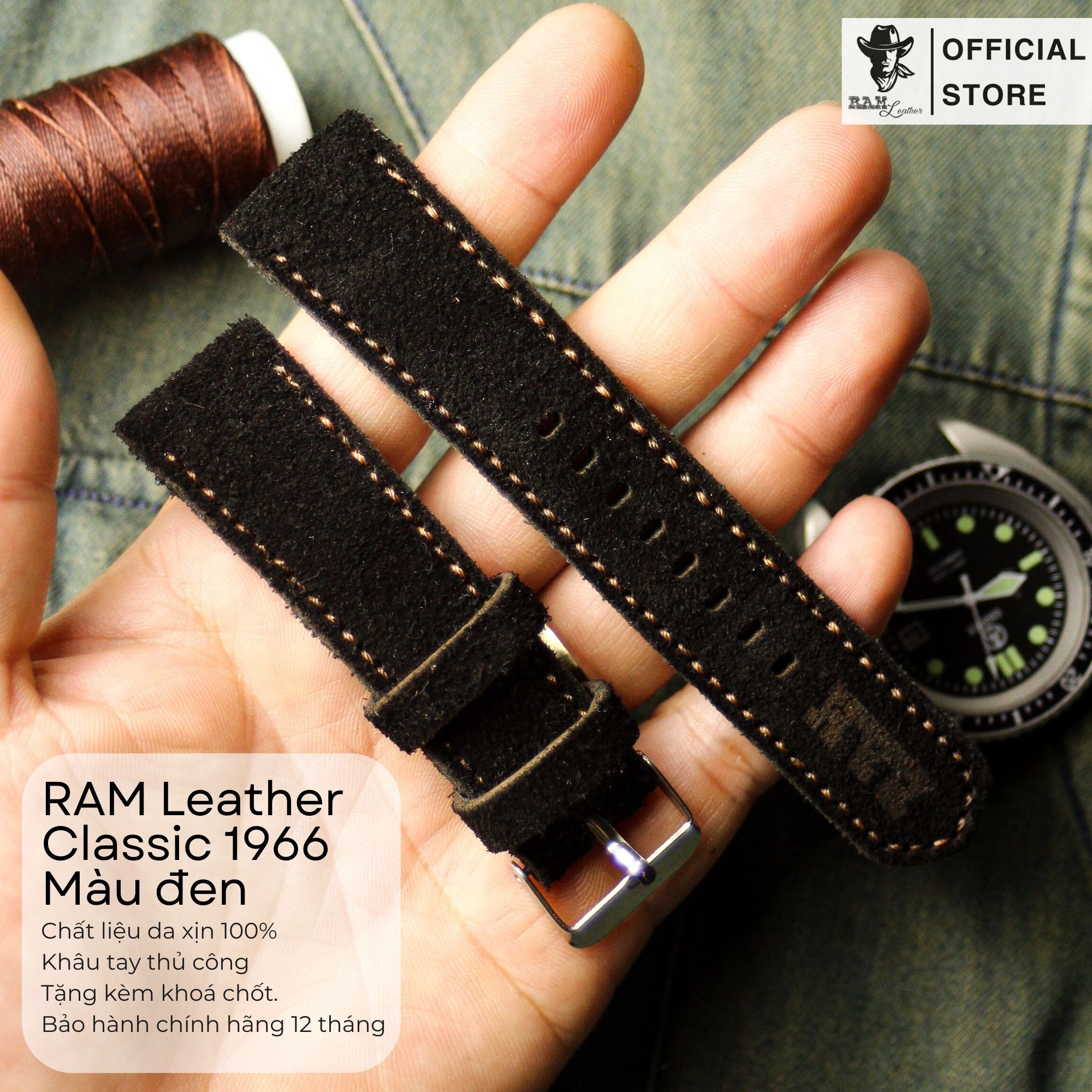 Dây da đồng hồ Siêu bền RAM Leather Classic 1966 Da Lộn Đen