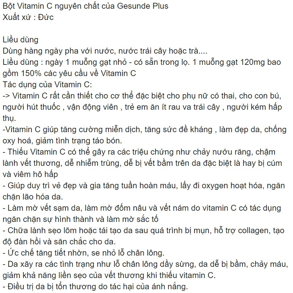 Hàng Đức đủ Bill Bột Vitamin C nguyên chất của Gesunde Plus
