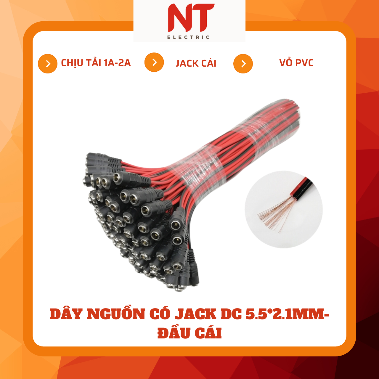 Dây nguồn có jack DC 5.5*2.1mm, đầu cái (combo 4 dây)