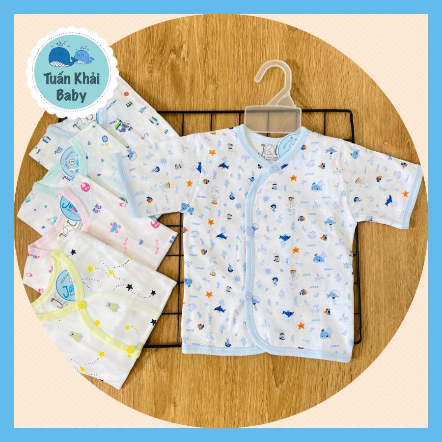 Túi 5 Áo sơ sinh Tay Ngắn Nút Xéo Họa Tiết JOU, có 3 Size 1,2,3 cho bé sơ sinh - 9 kg| Chất vải thun cotton 100% xịn đẹp mềm họa tiết xinh