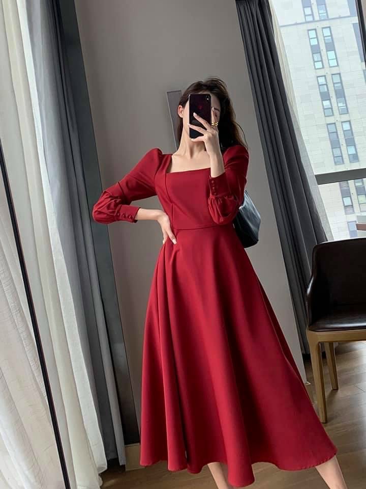 Đầm cổ vuông tay dài 3 màu