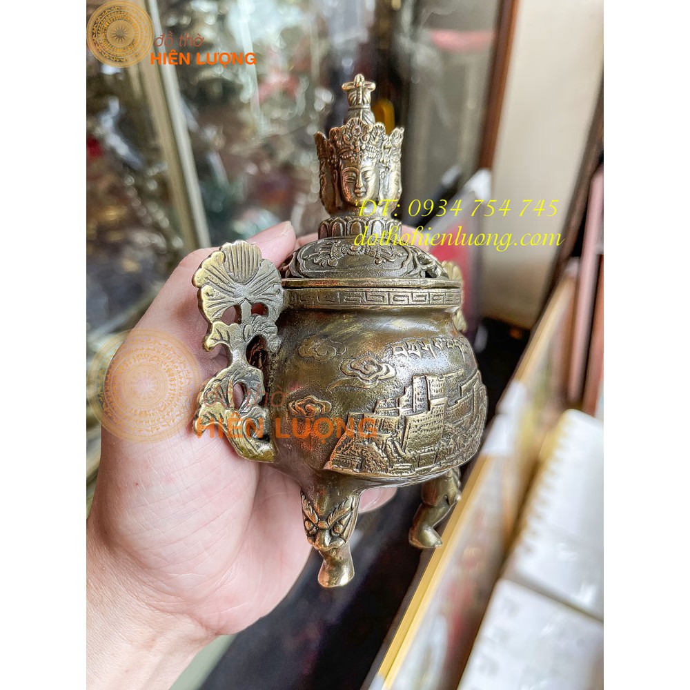 Lư Xông Trầm Phật Tứ Diện Bằng Đồng Cao 15cm MÀu Hun Giả Cổ