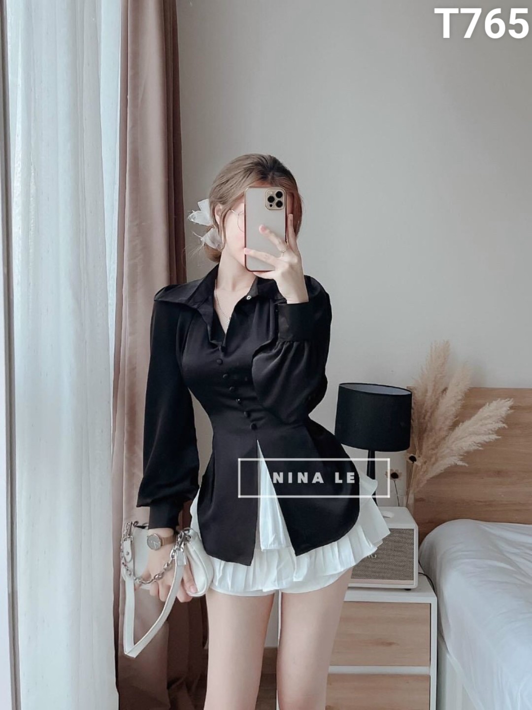 [HCM]set áo sơ mi tay dài phi lụa kèm chân váy kate xoè T765