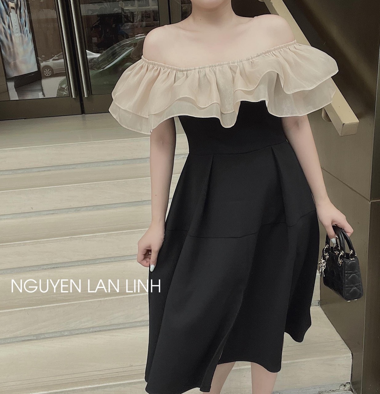 Đầm bánh bèo trễ vai, đầm dự tiệc sáng xòe dài phối voan bèo trễ vai, váy maxi xòe bồng màu đen sang chảnh, váy nữ mặc đi chơi đơn giản