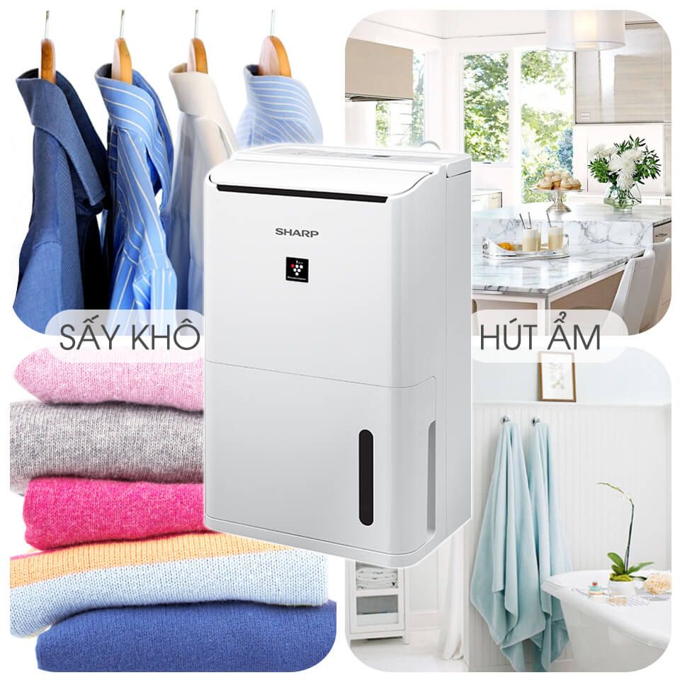 Máy lọc không khí hút ẩm Sharp DW-D12A-W diên tích 25m2, Công nghệ ion Plasmacluster - Bảo hành chính hãng 12 Tháng