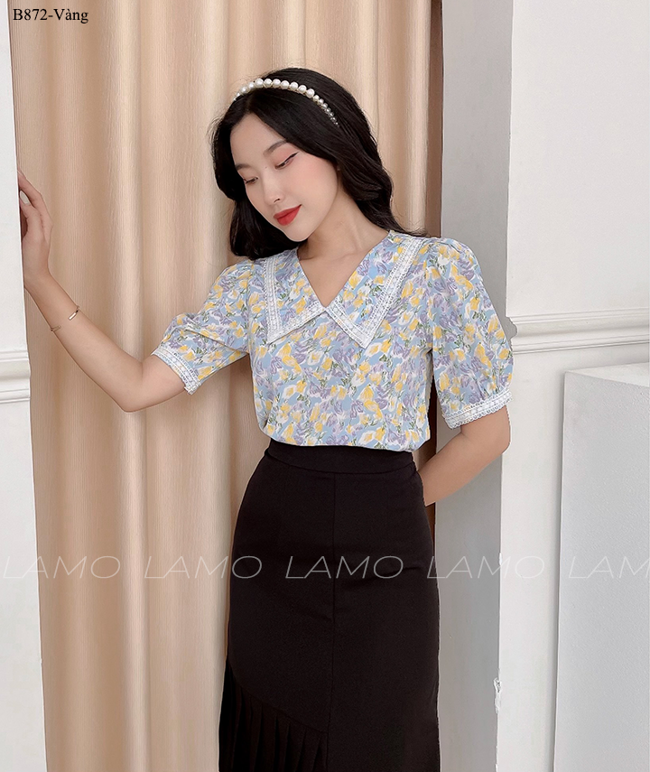 ÁO SƠ MI HOA CỔ V PHỐI REN -B872