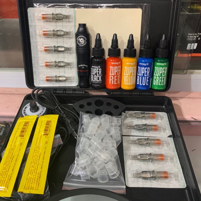 Combo bộ hộp máy xăm đa năng Pen Dragon V1 + 5 màu mực Trung cấp Intenze + Full phụ kiện