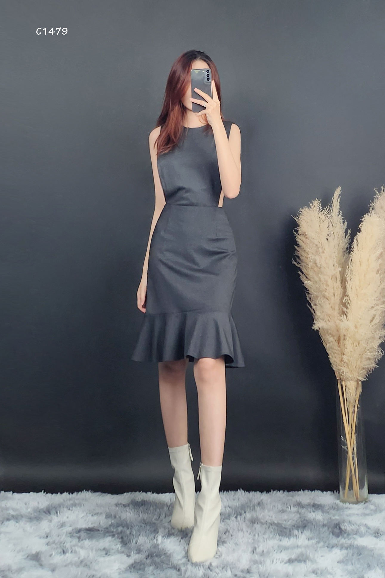 C1479 - Đầm đuôi cá cổ tròn, sát nách, sọc nhuyễn