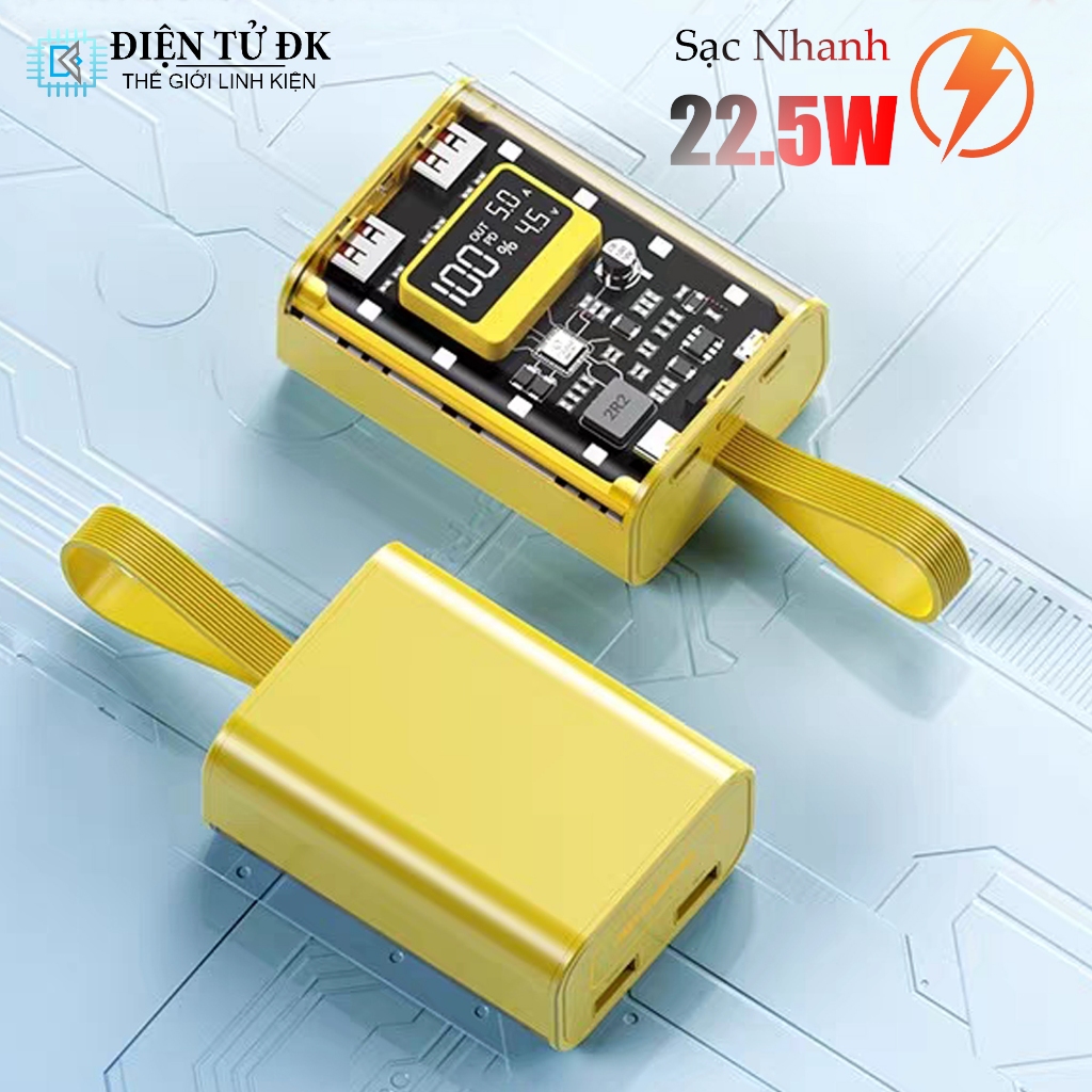 Box sạc dự phòng sạc nhanh 22.5w 10.000mha dùng 3 cell 18650, 2 cell lipo 5000mha kèm 3 dây cáp sạc
