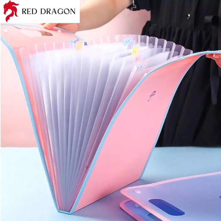 Reddragon [HCM]Túi Đựng Tài Liệu Hồ Sơ Đề Thi Báo Cáo Vừa Giấy A4 Gồm 12 Ngăn Mờ Màu Sắc Dễ Thương Chất Liệu Nhựa PP Có Tay Xách