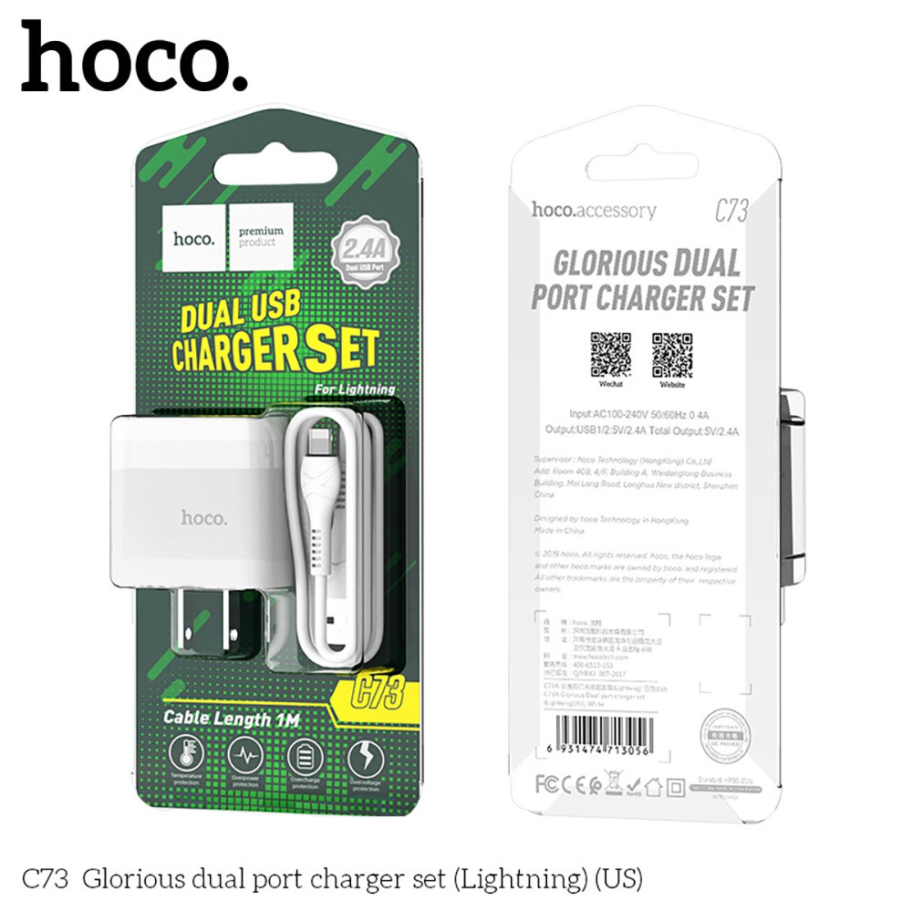 Cốc Sạc Nhanh 2 Cổng 2.4A Hoco C73